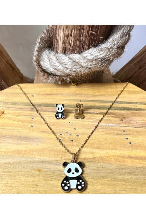 Patili Panda Siyah Beyaz Mineli Altın Renk Paslanmaz Çelik Çocuk Küpe Kolye Set
