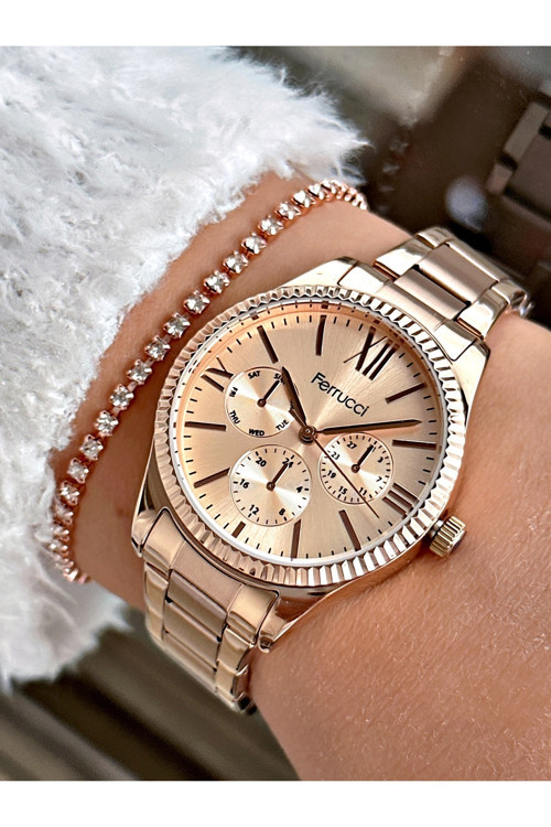 Rose Gold Renk Roma Rakamlı Çelik Kordon Kadın Kol Saati + Bileklik Hediyeli