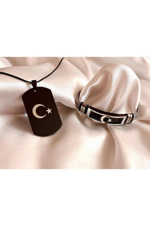 Ay Yıldız Türk Bayrağı Figürlü Çelik Kolye&Bileklik Set