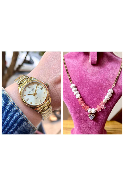 Taşlı Kadran Rolex Kasa Çelik Kadın Kol Saati+Çelik Kolye Hediye