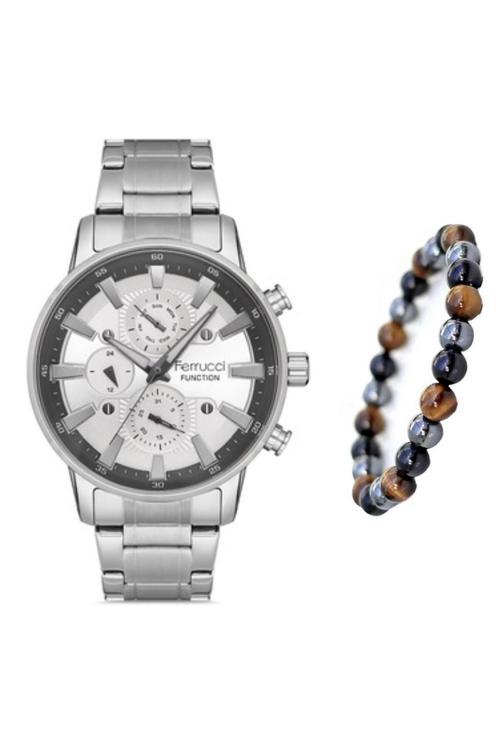 Çelik Kordon Silver Fonksiyonlu Erkek Kol Saati+Bileklik