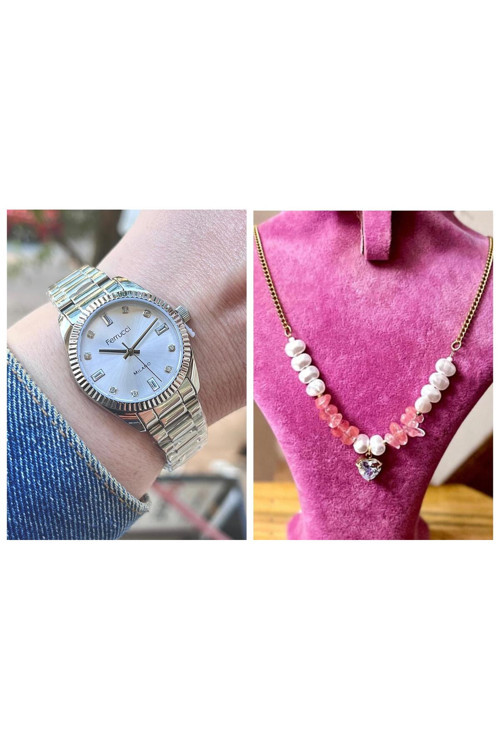 Taşlı Kadran Rolex Kasa Çelik Kadın Kol Saati+Çelik Kolye Hediye
