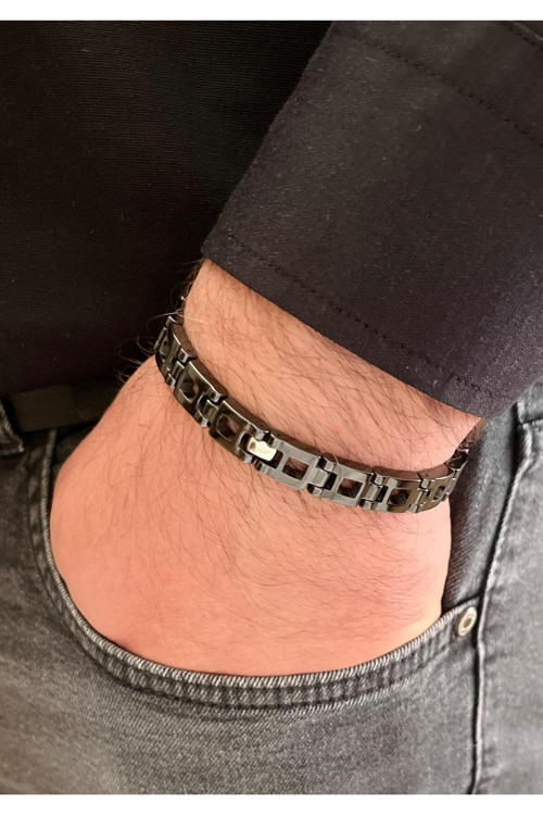 Seramik Ve 1. Sınıf Çelik Mixli Siyah Erkek Bileklik 21 Cm
