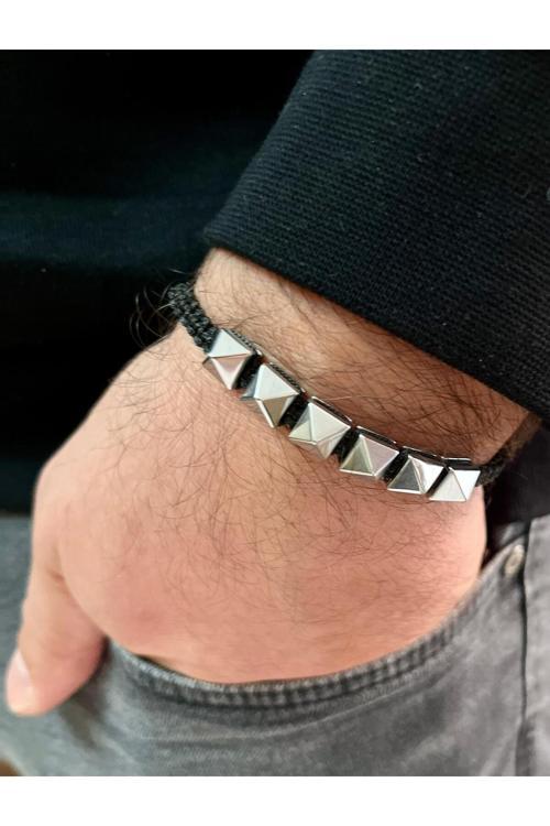Silver Renk Trok Şeklinde Hematit Makreme Örgü İpli Unisex Bileklik
