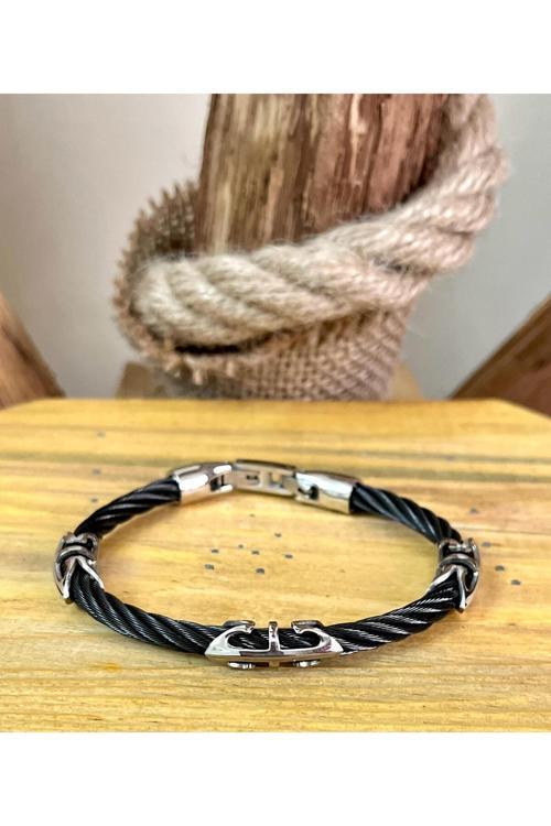 1. Sınıf Tamamı Saf Çelik Halat Kordon Siyah Erkek Bileklik 23 Cm