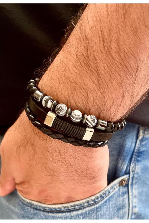 %100 Deri&Hematit Kombinli 3Lü Erkek Bileklik Set 22 Cm (Türk El Üretimi)