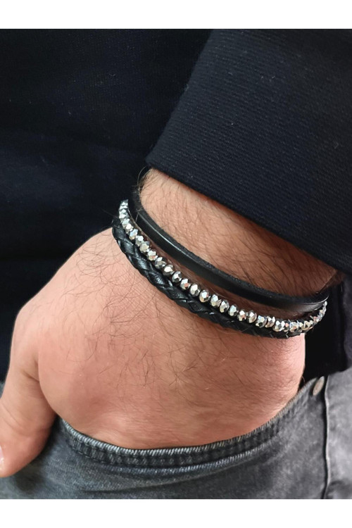 %100 Deri&Dorika Taşlı Kalın Bilekli Erkeklere Özel Üretimimiz Bileklik Net 23Cm (Türk El Üretimi)