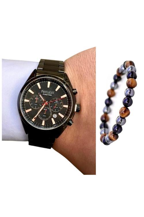 Siyah Çelik Fonksiyonlu& Takvimli Erkek Kol Saati+Bileklik