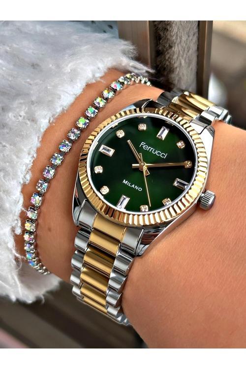 Kadın Kol Saati Su Geçirmez  Gold Gri Çelik , Bileklik Hediyeli