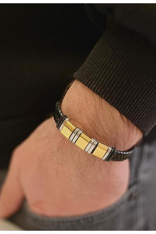 Siyah&Altın Renk Deri Ve Kararmaz Çelik Mixli Erkek Bileklik 21 Cm
