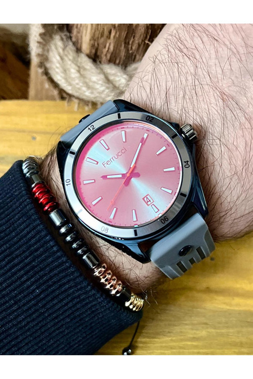 Gri Silikon Kordon Takvimli Renk Değiştiren Kadranlı Erkek Kol Saat+Bileklik Hediyeli