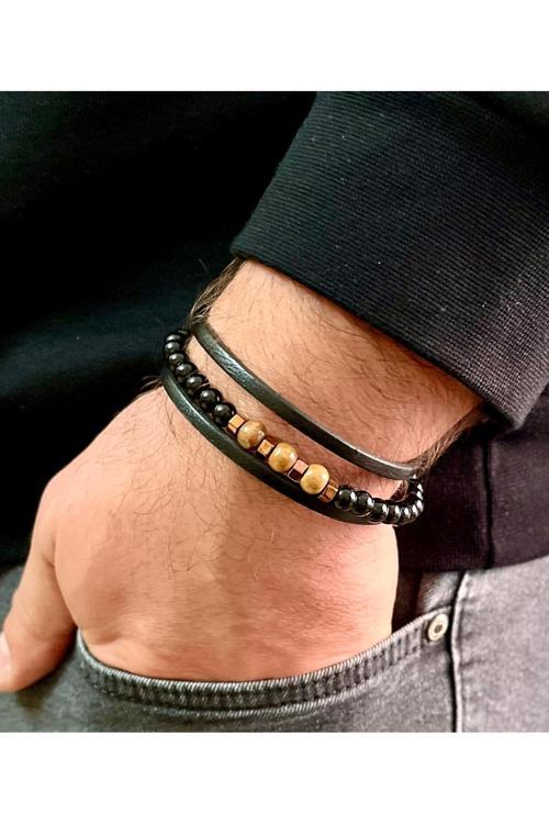 %100 Deri Ve Boncuk Kombinli Erkek Bileklik Özel Boyut Net 23Cm (Türk El Üretimi)