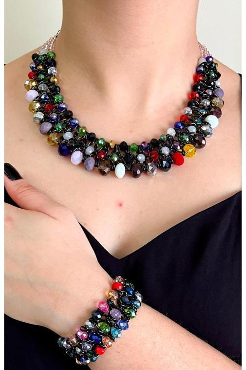 Kristal Taşlı Türk El Yapımı Gerdanlık Model Kolye Ve Bilezik Set