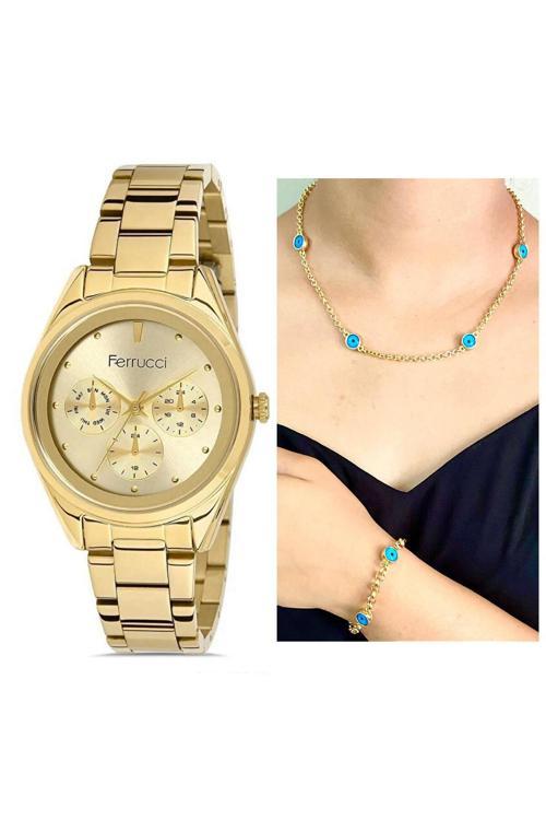 Çelik Su Geçirmez Spor Model Şık Kadın Kol Saat+Nazarlıklı Set Hediye