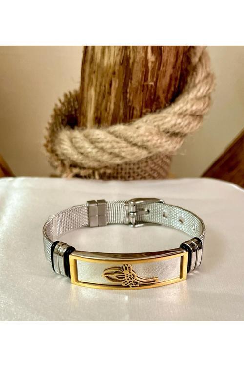 Osmanlı Tuğra Figürlü Kemer Kordon Çelik Kararmaz Erkek Bileklik 23 Cm