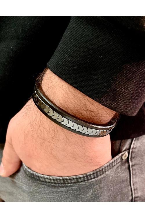 %100 Deri Ve  Hematit Kombinli Erkek Bileklik Boyut Net 22 Cm (Türk El Üretimi)