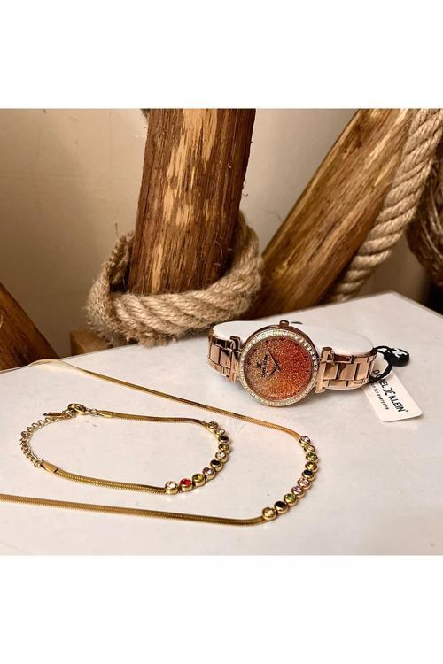 Simli Şık Kadran Taşlı Çelik Kadın Kol Saati&%100 Çelik Set