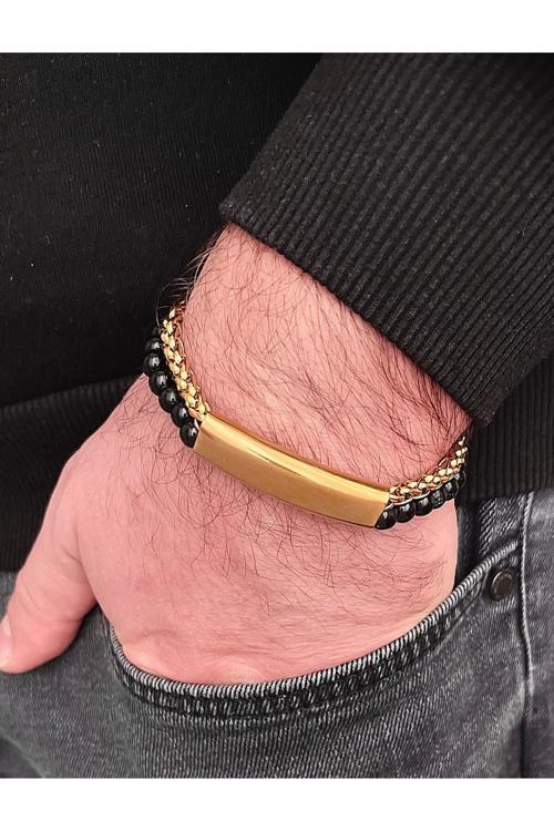 Çelik Ve Boncuk Detaylı 2Li Kordon Erkek Bileklik 23 Cm