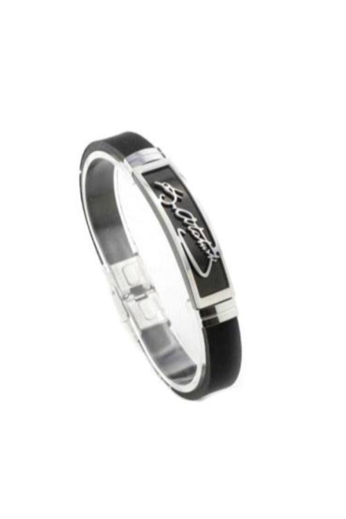 Atatürk Imza Figürlü Kararmaz Metal-Deri Kombinli Erkek Bileklik