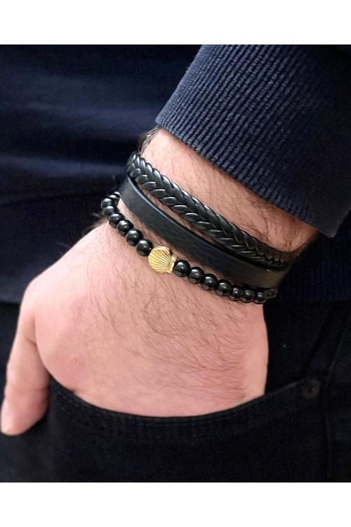 Deri Ve Çelik Mixli Boncuk Aksesuarlı 3 Lü Erkek Bileklik 20 Cm