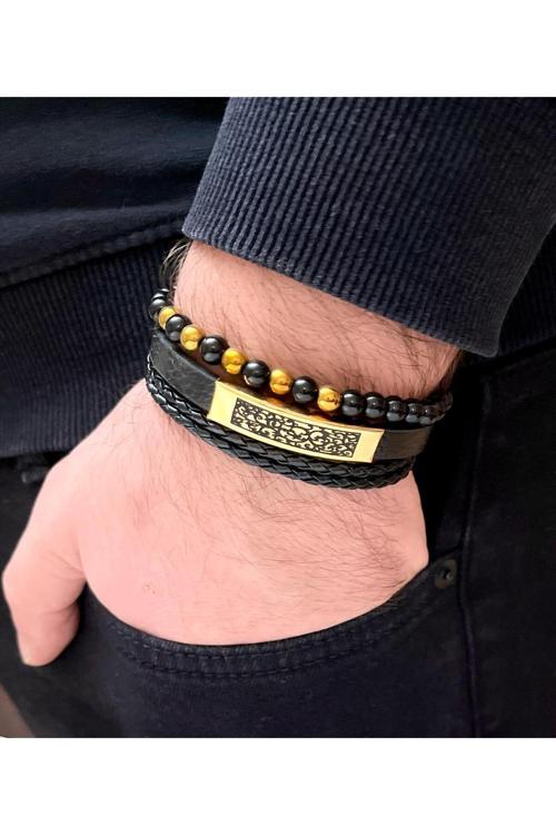 Deri Ve Çelik Mixli Boncuk Aksesuarlı Otantik Desenli 3 Lü Erkek Bileklik 20 Cm