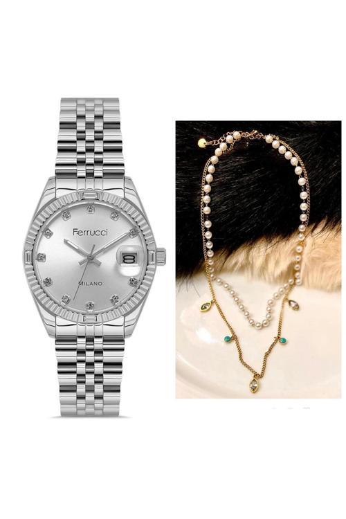 Zirkon Taşlı Takvimli Kadın Kol Saati+%100 Çelik Kolye Hediyeli