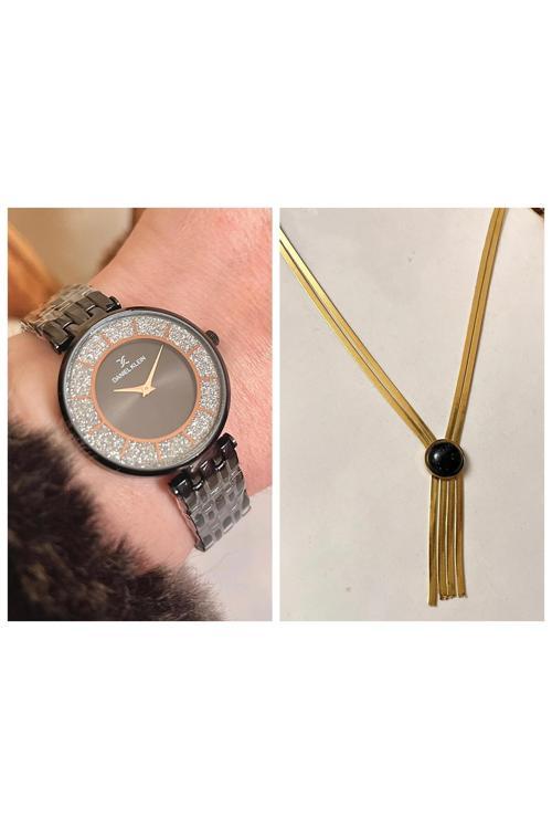 Siyah Simli Kadın Kol Saati+%100 Çelik Kolye