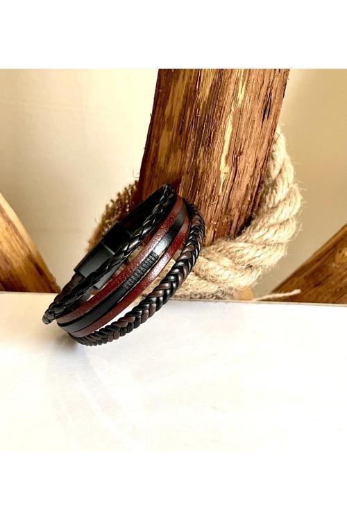 %100 Deri 5Li Kombin Erkek Bileklik Boyut Net 21 Cm (Türk El Üretimi)