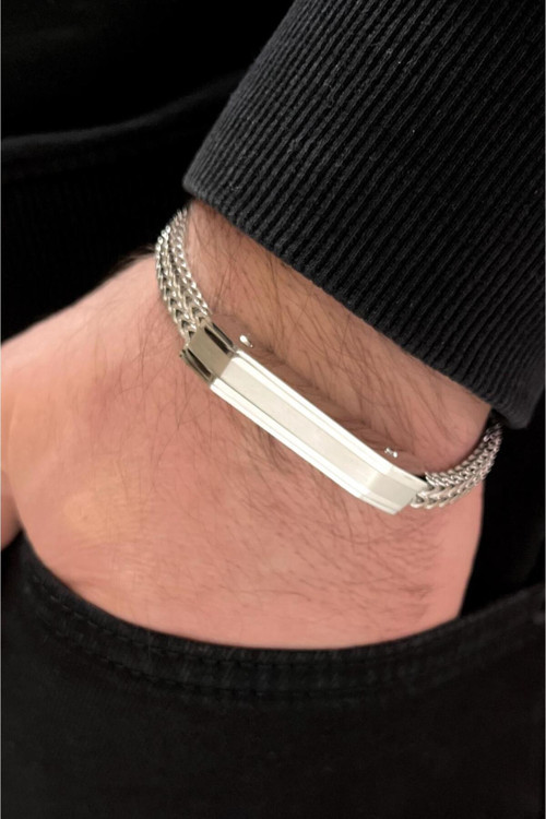 319L Çelik Erkek Bileklik Balıksırtı Kordon Silver Renk Baget Oval Kesim Kararmaz 22 Cm