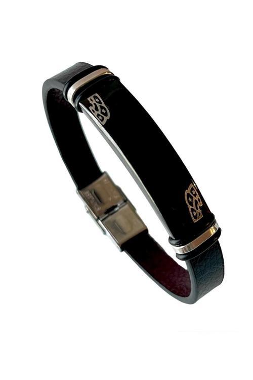 Siyah Çelik-Deri Mixli Kararmaz Paslanmaz Desenli Erkek Bileklik 22Cm
