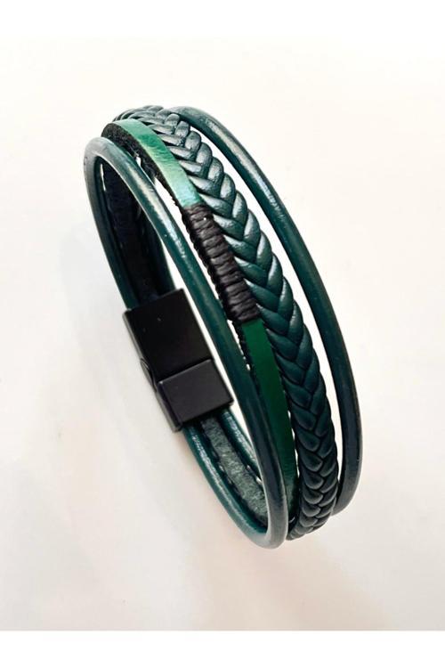 %100 Deri 4Lü Kombin Yeşil Erkek Bileklik Boyut Net 20 Cm (Türk El Üretimi)