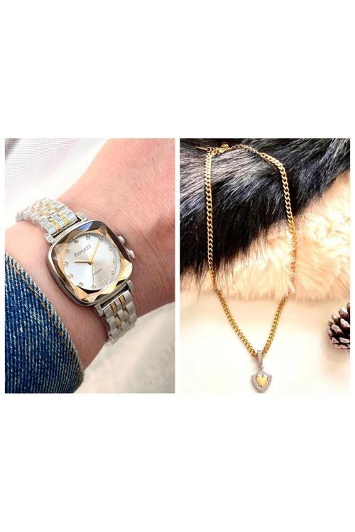 Kare Kadran Zarif Şık Çelik Kadın Kol Saati+%100 Çelik Kolye Hediye