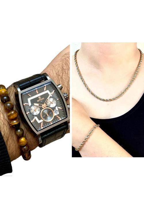 Deri Kordon Fonksiyonları Aktif Kare Kadran Saat+Bileklik +Çelik Set Sevgiliye Hediye Set