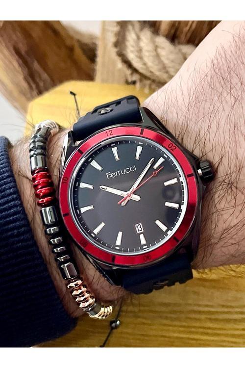 Kırmızı Silikon Kordon Spor Şık Takvimli Erkek Kol Saat+Bileklik Hediyeli