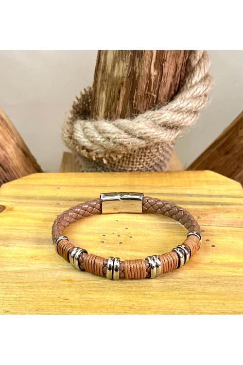 Paslanmaz Kararmaz Çelik Ve Deri Mixli Yeni Model Erkek Bileklik Seti 22 Cm