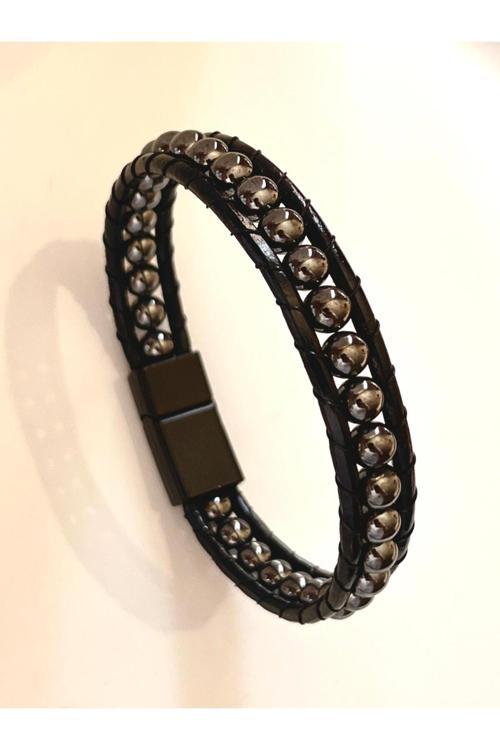 Hematit Doğaltaş Doğal Deri Ve Çelik Erkek Bileklik Net 21Cm (Türk El Üretimi)