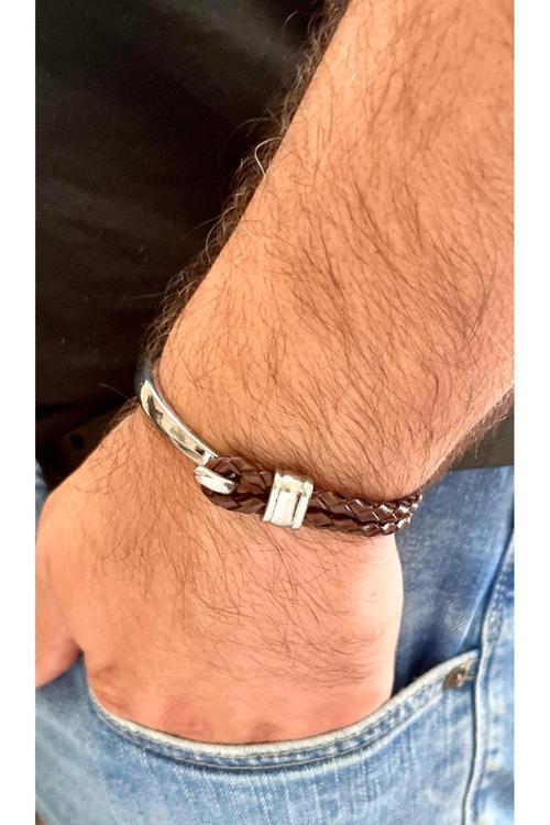 %100 Deri&Krom Kombin Erkek Bileklik Net 22Cm (Türk El Üretimi)