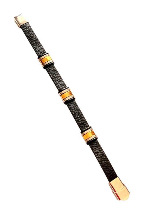 Paslanmaz Kararmaz Çelik Ve Deri Mixli Spor Model Erkek Bileklik Seti 22 Cm