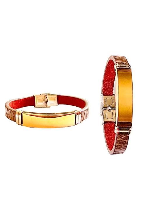 Kahverengi Deri Üzerine Altın Renk Çelik Sade Şık Erkek Bileklik