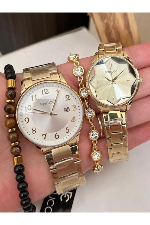 Altın Renk Çelik Sevgili Çift Saat Kombin+Bileklik