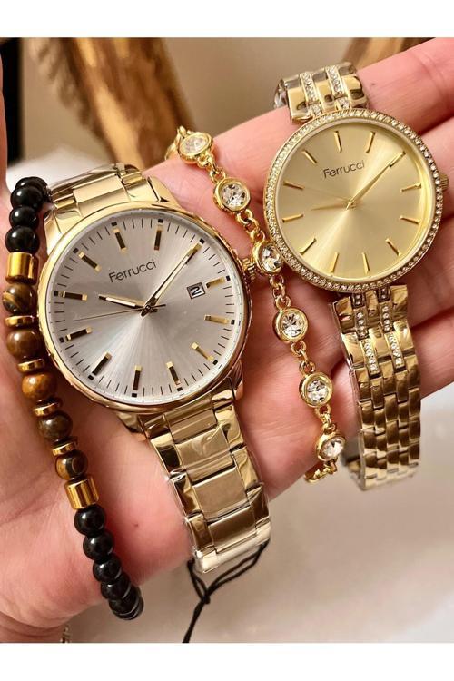 Altın Renk Çelik Kordon Şık Sevgili Çift Kol Saati+Bileklik