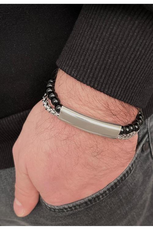 Çelik Ve Boncuk Detaylı 2Li Kordon Erkek Bileklik 23 Cm