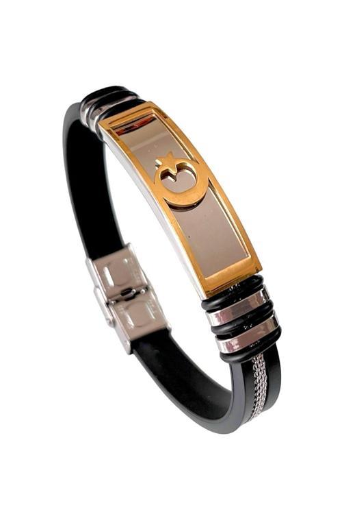 Ay Yıldız Figürlü Silikon Kordon Çelik Mixli Trend Model Erkek Bileklik 22 Cm