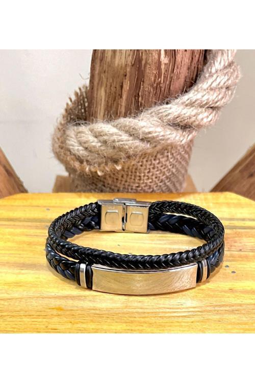 2Li Örgü Kordon Deri Çelik Mixli Sade Şık Trend Model Erkek Bileklik 22 Cm