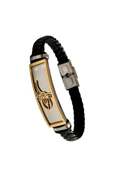 Osmanlı Tuğra Figürlü Suni Deri Çelik Mixli Erkek Bileklik 22 Cm