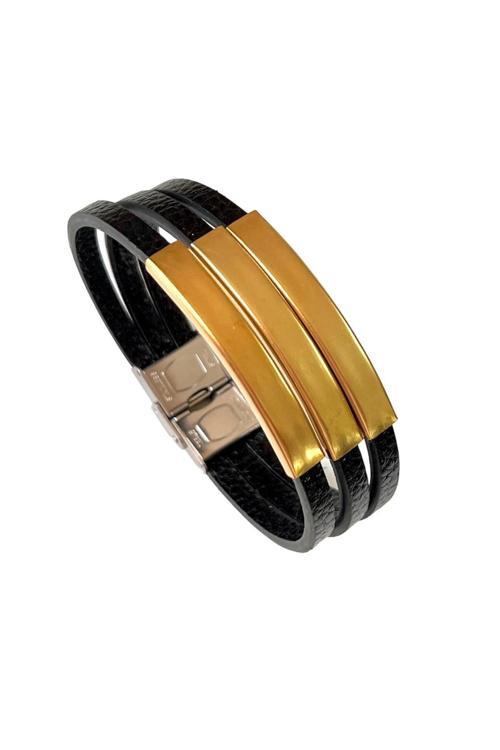 Çelik Ve Deri Mixli 3Lü Şerit Kararmaz Trend Model Erkek Bileklik 22Cm