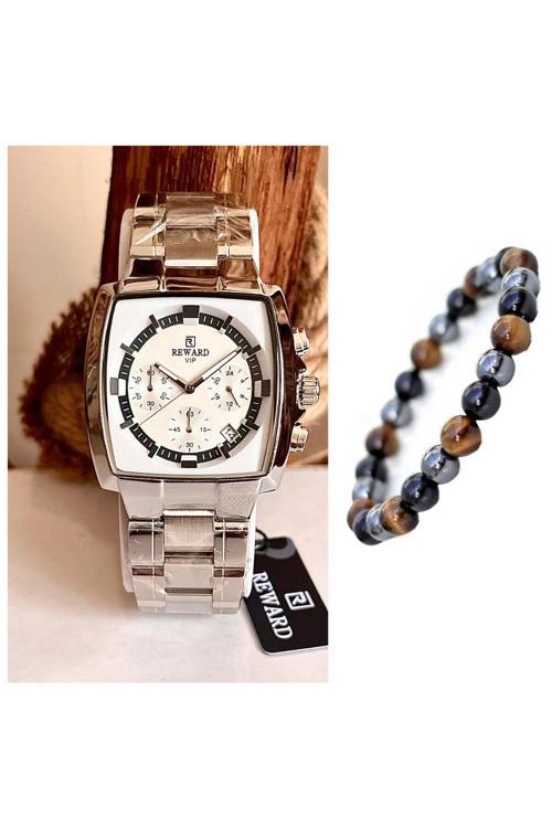 Kare Kadran Çelik Kordon Fonksiyonlu Takvimli Erkek Kol Saat+Bileklik