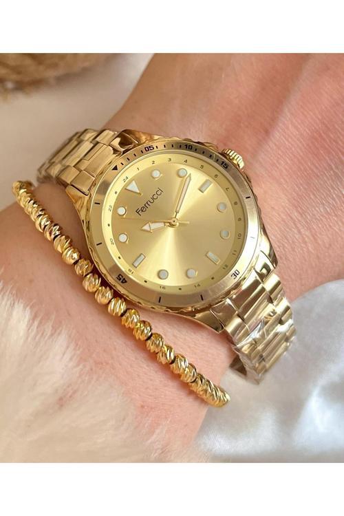 Altın Renk Çelik Kadın Kol Saat+Dorikalı Bileklik Hediye