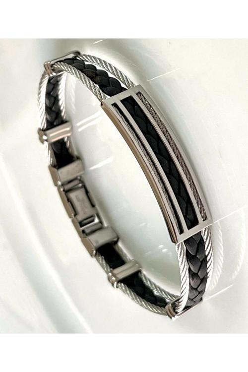 1. Sınıf Çelik Örgü Ve Halat Mixli Siyah Sade Şık Erkek Bileklik 23 Cm