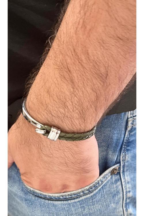 %100 Deri&Krom Kombin Erkek Bileklik Net 22Cm (Türk El Üretimi)